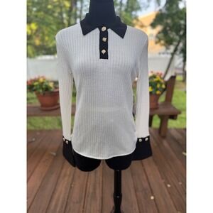 Karl Lagerfeld Paris Ribbed Knit Polo Sweater Cream Black Gold Buttons S NEW